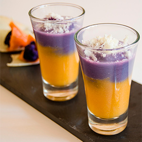 Chupitos de crema de calabaza, coliflor morada y queso manchego semicurado D.O.P. Las Terceras