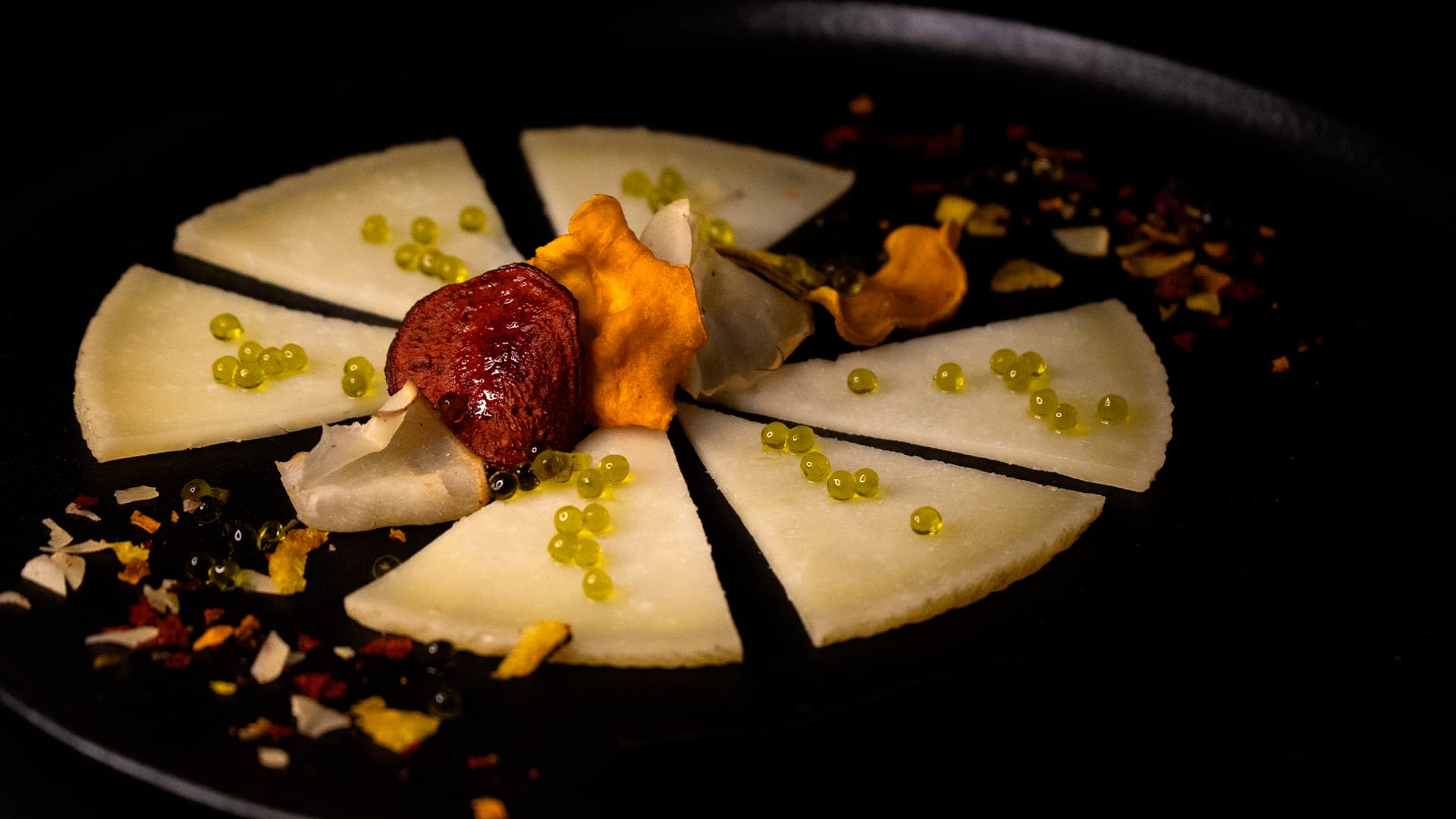 Manchego cheese with vegetable contrasts